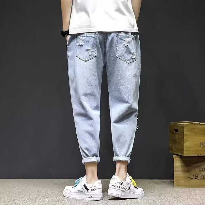 2024 Hong Kong Style Ankle Jeans Men'S Korean Style Loose Ripped Summer Elastant Waist Beggar Pants - Image 4